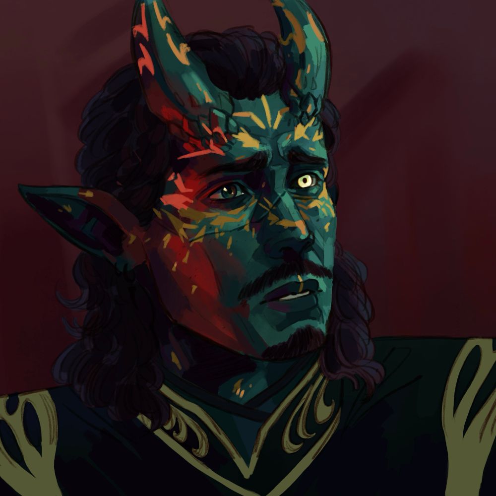 Digital art of a blue tiefling. He is looking to the right and looks sad/scared. There is red lighting on him, and he has a yellow glowing eye. 