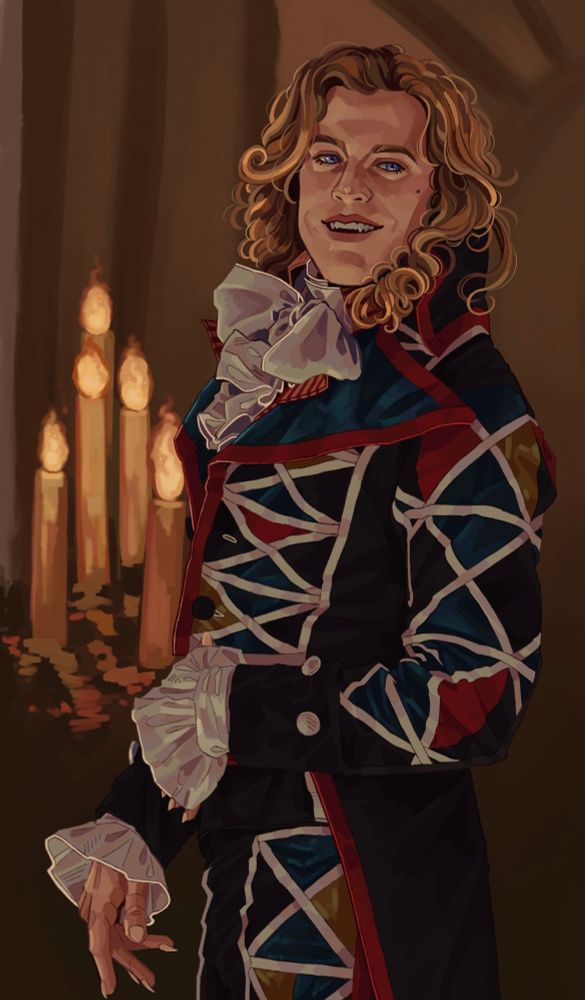 Drawing of Lestat in the theatre in season 2 episode 3. He is facing forward, smiling, and lit from the left by candles. 