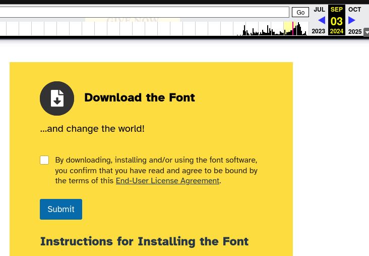 screenshot of the Atkinson Hyperlegible download page in September 2024 (via the wayback machine) where the only barrier to download is a EULA tickbox