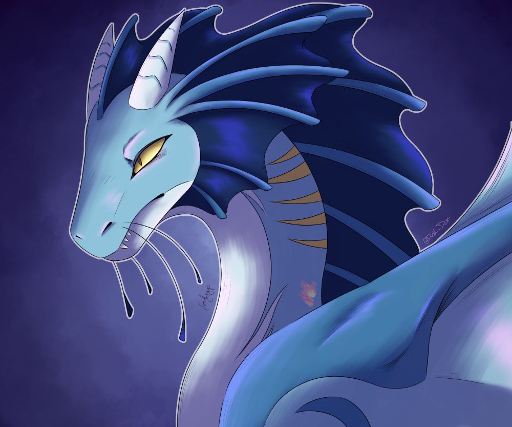 Light blue dragon with dark blue frill fins on the side of their face and along their back. They have little white horns on their head and two sets of whiskers. Their eyes are yellow and they have 5 stripes on their neck