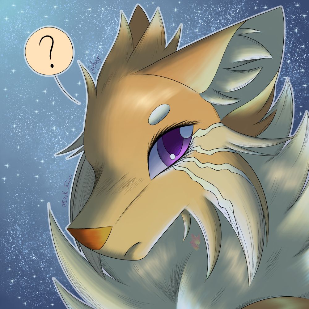 Golden cat with lighter neck fur. They  have purple eyes and  an orange nose. Their neck fur is extremely fluffy.
There's a  little speech bubble above their head that has a question mark in it