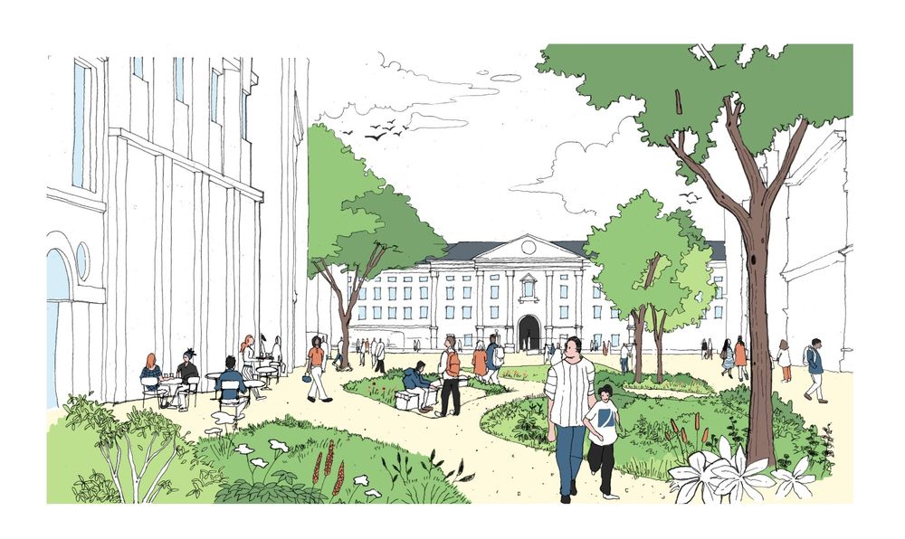 An image of College Green looking towards Trinity College with trees and green space and outdoor seating.