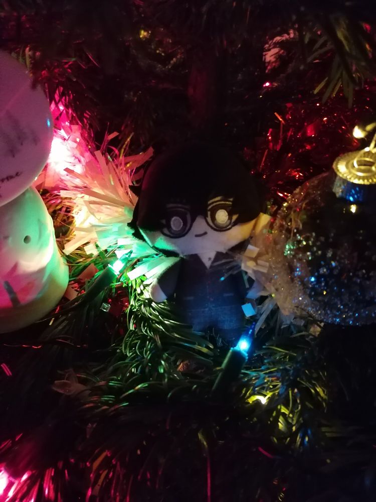 a photo of tiny joker p5 nui nestled in the branches of a christmas tree, illuminated by colourful fairy lights 