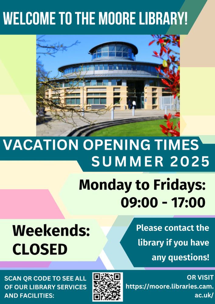 A poster with a  geometric-style background of coloured hexagonal shapes. There is a colour photograph of the library near the top of the image.

Opening hours described are Monday  -  Friday: 09:00 - 17:00, closed weekends.