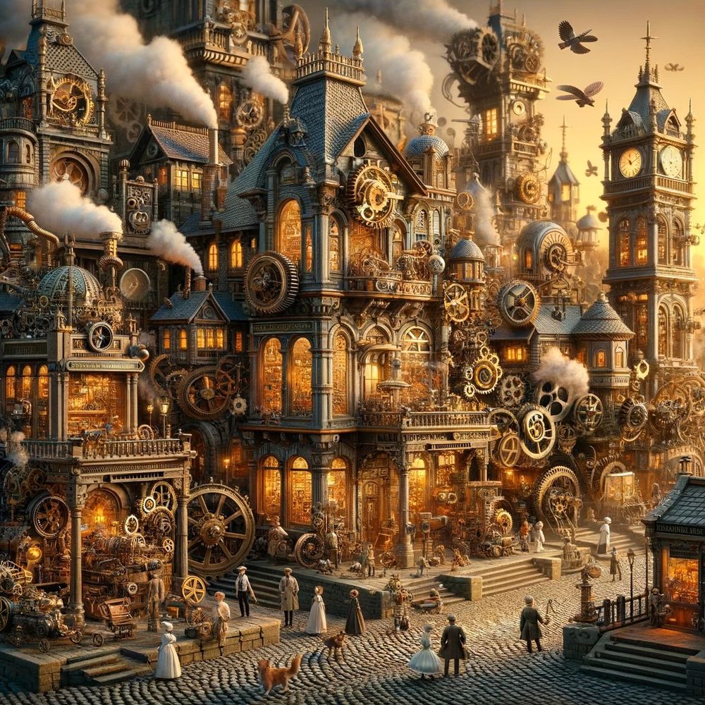 An intricately detailed steampunk cityscape, with Victorian architecture adorned with gears, pipes, and brass fittings. Steam billows from multiple sources, and automatons in the form of cats and birds roam the skies and cobbled streets. The environment is bustling with tiny figures of diverse descent and gender, dressed in period-appropriate attire, engaging with the mechanical wonders around them. This fantastical meld of organic and machine creates a harmonious balance, set during a sunset that casts a warm, golden glow over the entire scene.