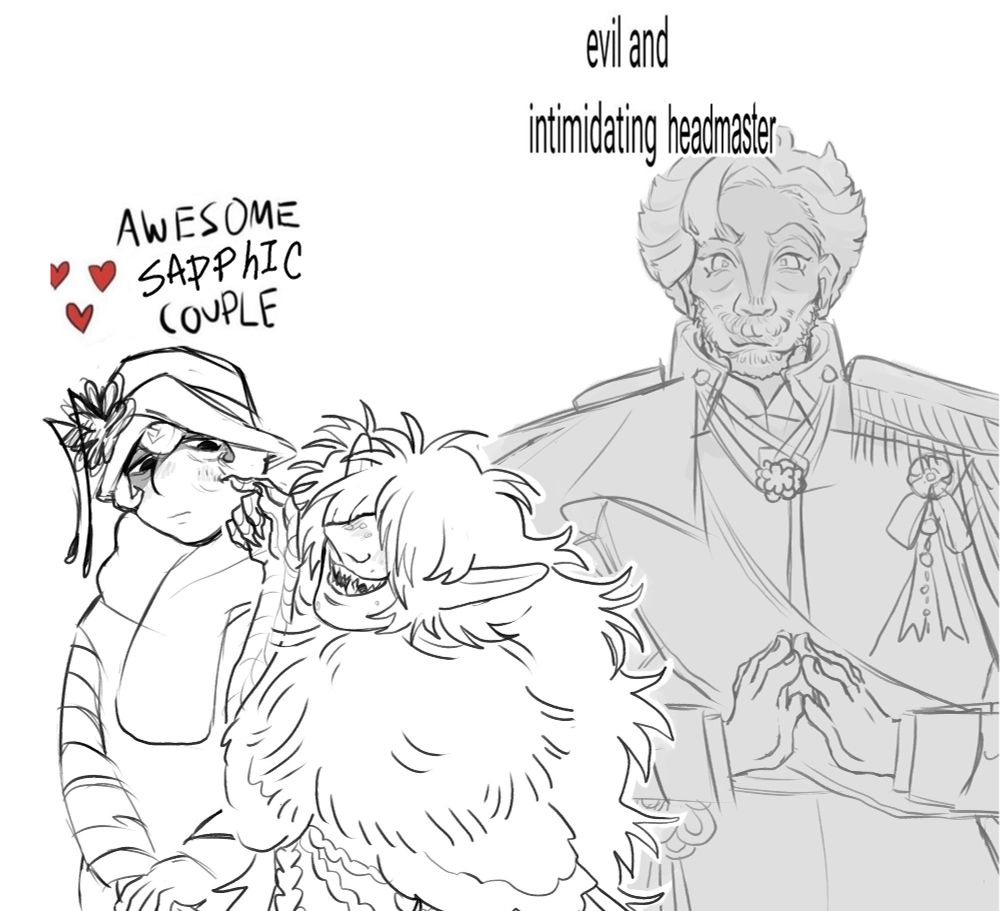 A drawing of three of my ocs referencing a meme.