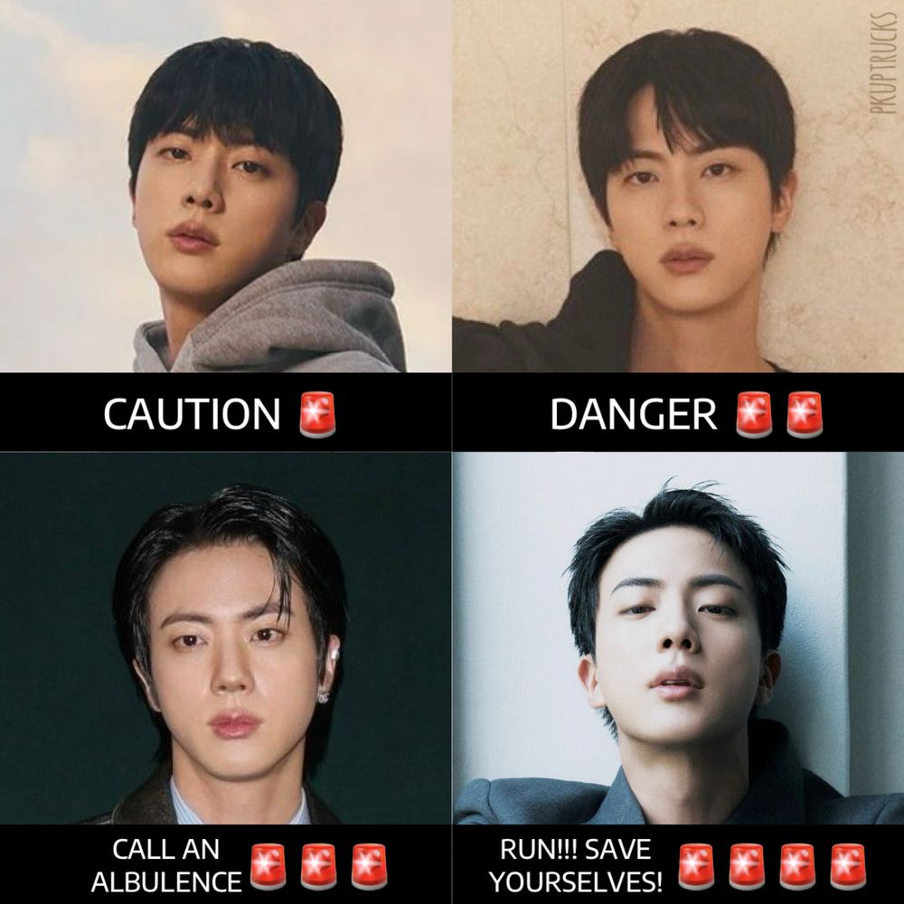Four pictures of Jin with increasing amount of forehead exposed. Level 1: Caution. Level 2: Danger. Level 3: Call an Ambulance. Level 4: Run!!! Save Yourselves!!!