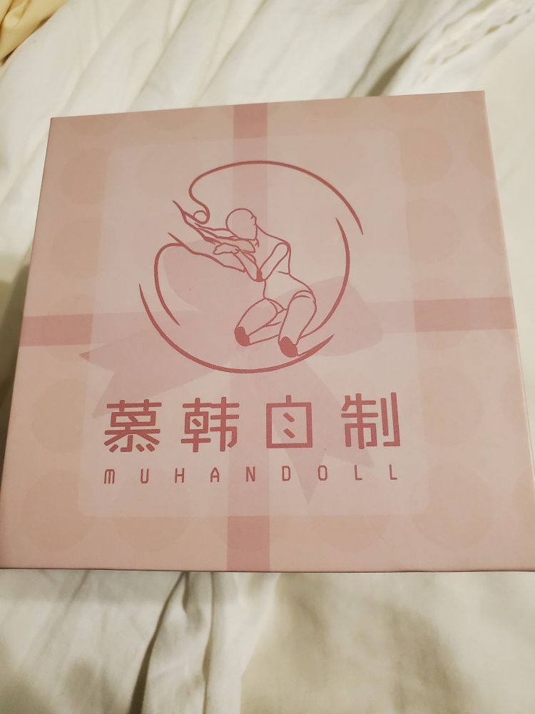 Closeup of the top of a box containing a doll head. It says "Muhan Doll", something in Chinese, and has a picture of a jointed doll silhouette holding onto a human hand. 