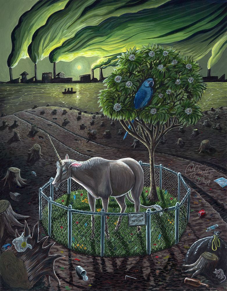 A painting in traditional acrylic. A small animal pen stands on a clear-cut, polluted plain. in the background are factories pumping masses of green haze into the air. Inside the fence is one small tree, with a blue parrot perching in its branches, and a dejected-looking unicorn. There is a placard on the pen reading 'Extinct in the Wild'. 