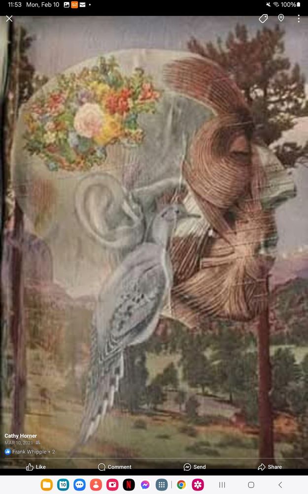 A head breathing . Trees and fields in the background.  In their mind is flowers and morning dove. This is meditation to get through chemo and radiation 