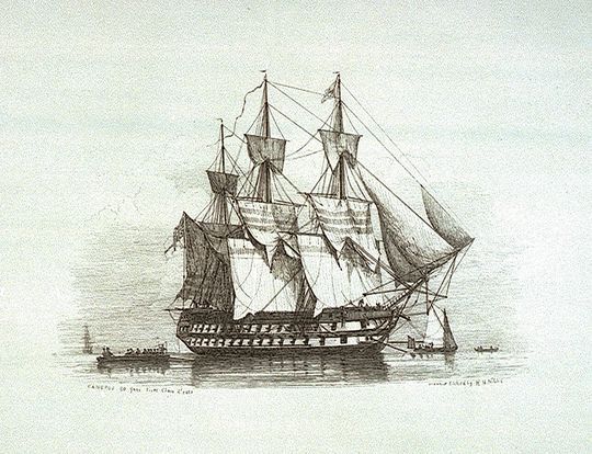 The third-rate HMS Canopus, which Austen commanded during the pursuit of the French Fleet to the West Indies and back

Richard Henry Nibbs - Collections of the National Maritime Museum

HMS Canopus 80 guns First class 2nd rate

Public Domain

https://en.wikipedia.org/wiki/Francis_Austen#/media/File:HMS_Canopus_(1798).jpg