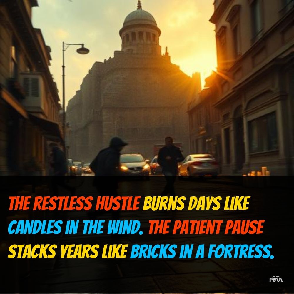 Cinematic street photography of a blurred figure running frantically through a rain-soaked city street littered with fading candles contrasted against a still figure calmly building a massive stone fortress under golden sunset light — style: gritty realist with cinematic depth and warm contrasted shadows