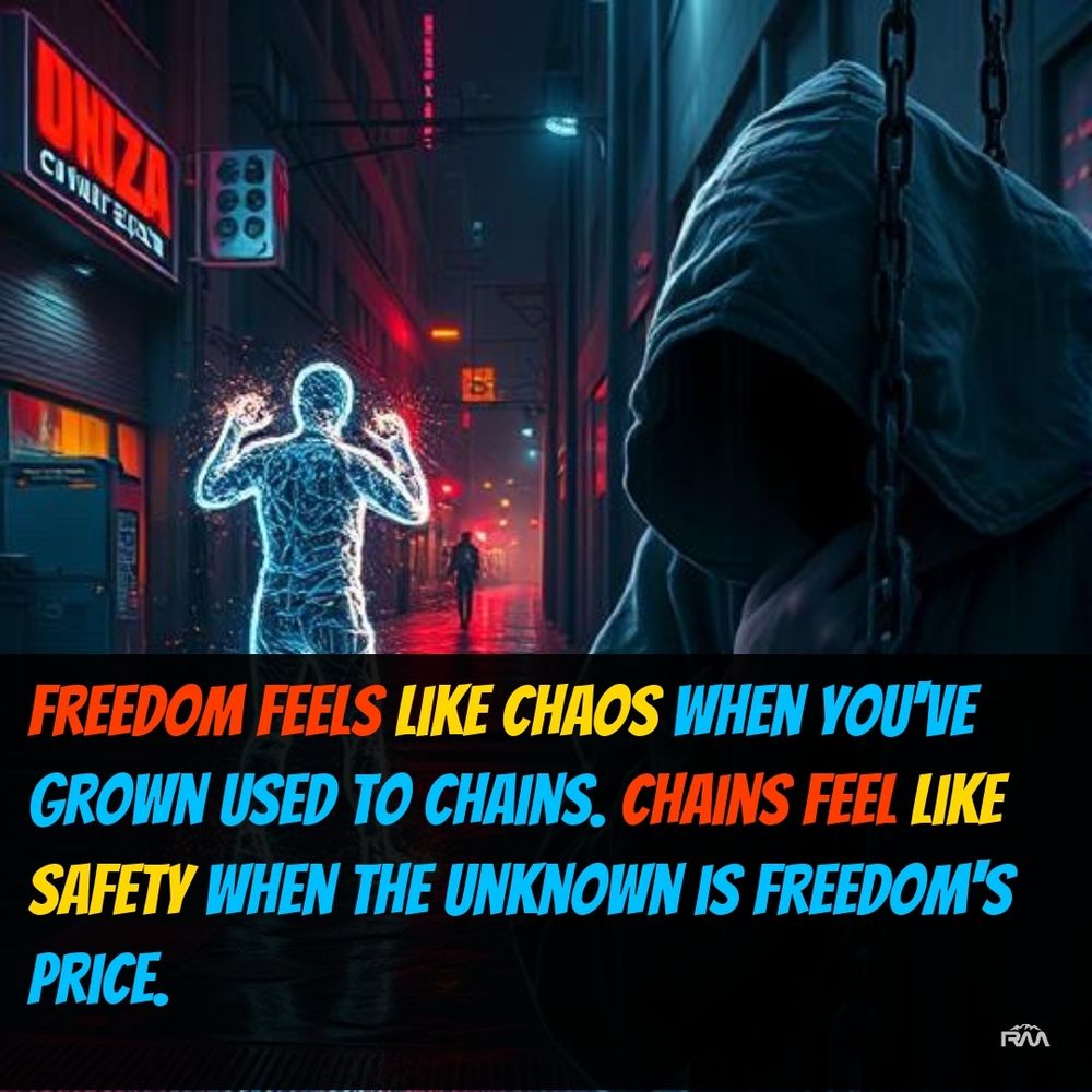 Cyberpunk street scene split: left side shows a glowing figure breaking invisible chains with neon sparks; right side a cloaked figure comforted among dark, rusted chains in a rainy dystopian alley — style: cinematic noir with vivid neon contrasts