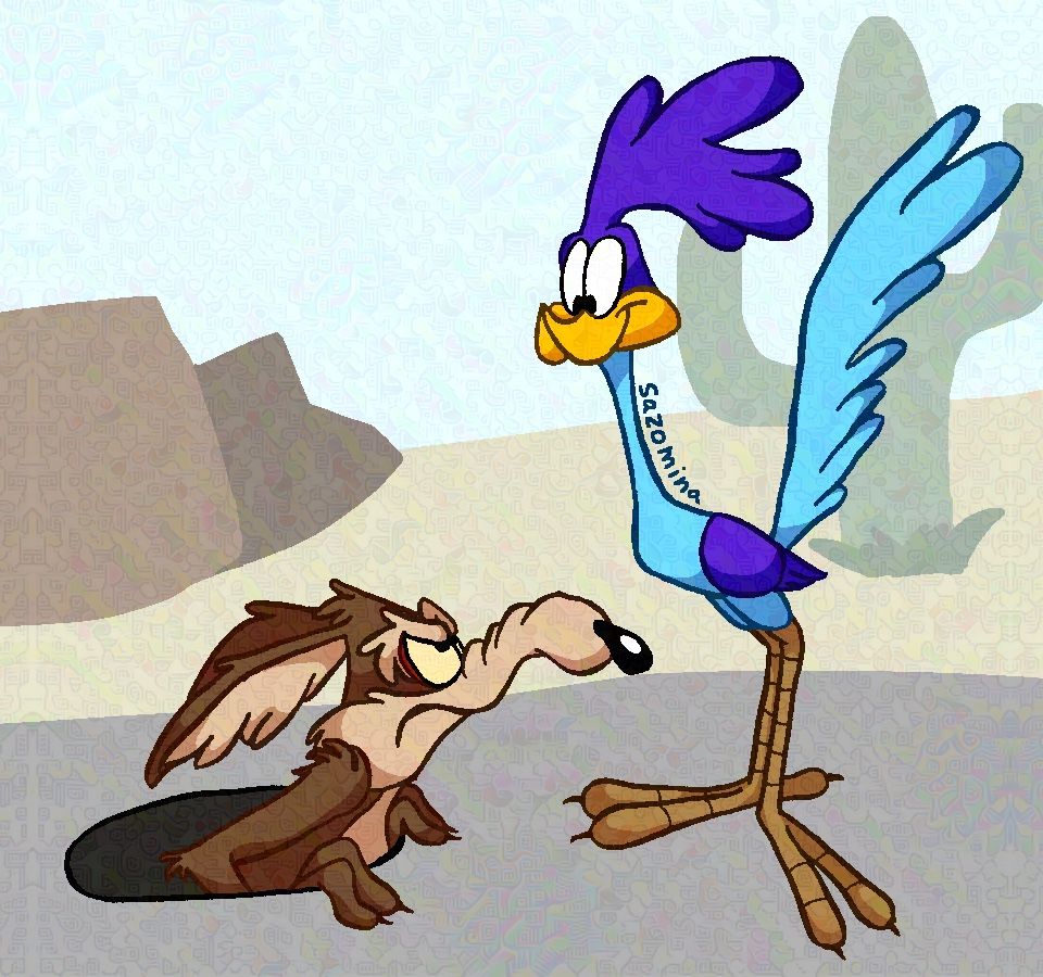 穴に落ちたコヨーテがロードランナーを睨んでいるファンアート