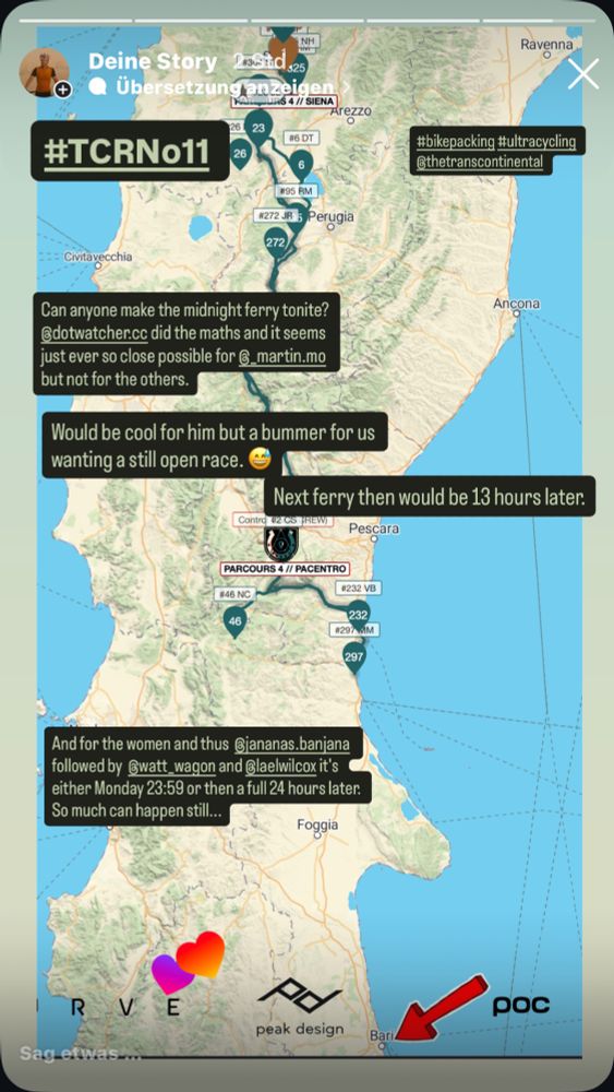 TCRNo11 @thetranscontinental  Can anyone make the midnight ferry tonite? @dotwatchercc did the maths and it seems just ever so close possible for @_martin.mo but not for the others.  Would be cool for him but a bummer for us wanting a still open race. & [a Next ferry then would be 13 hours later.  And for the women and thus @jananas.banjana followed by @watt_wagon and @laelwilcox it's either Monday 23:59 or then a full 24 hours later. So much can happen still...