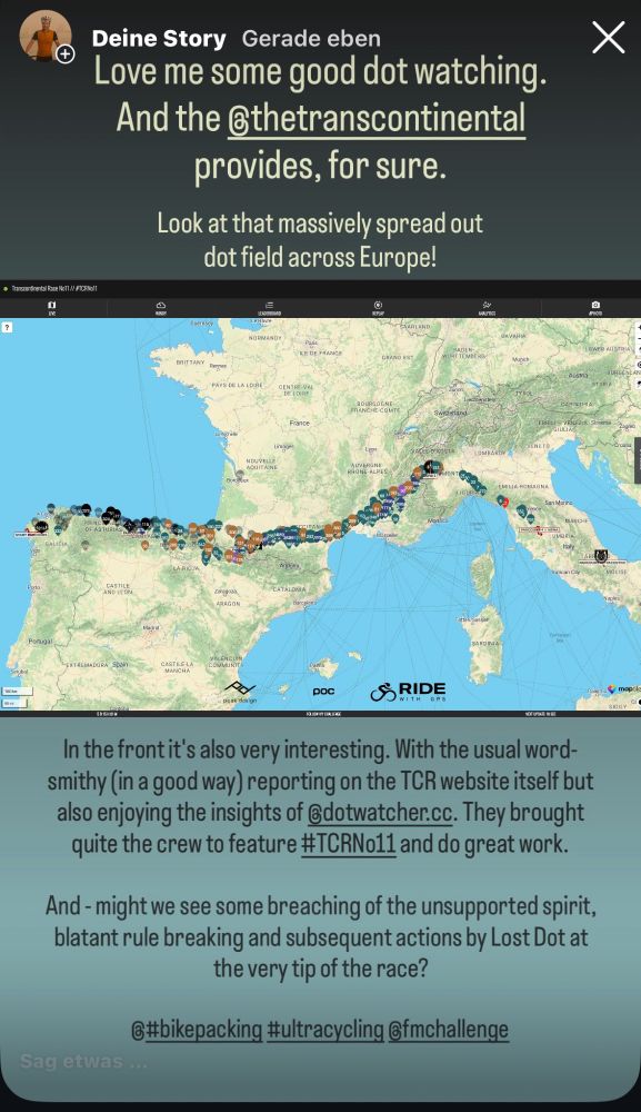 Screenshot of my Instagram-Story showing the tracker map of TCRNo11 from Aug, 2nd 2025 with a massive dot field spread across southern Europe and text by me.