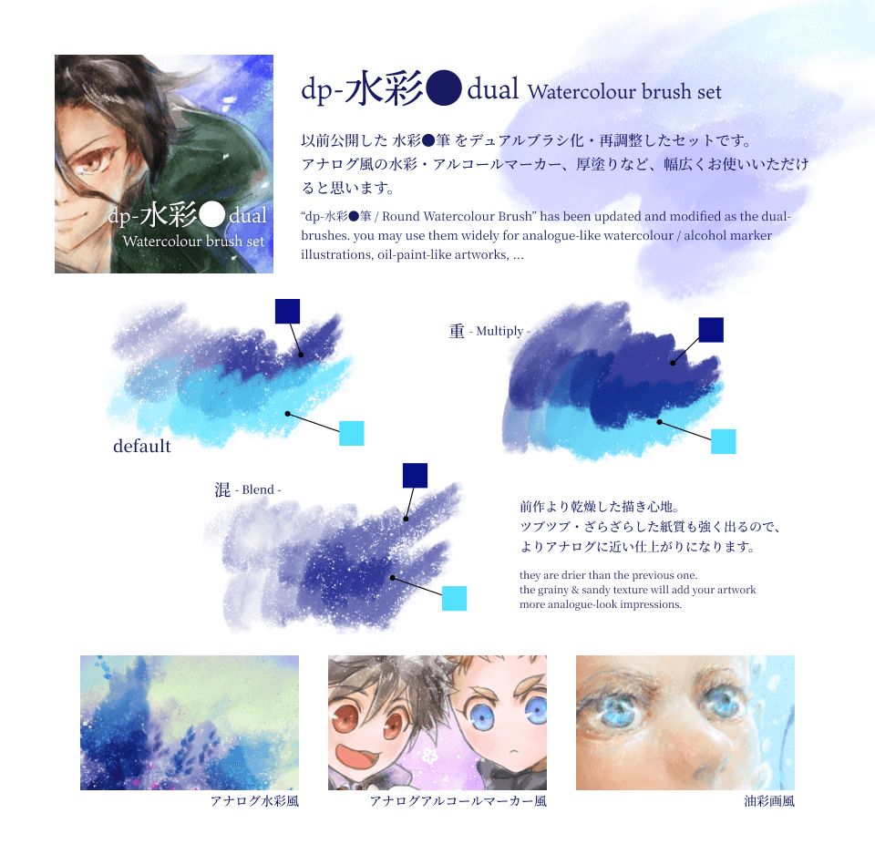 ◆ dp-水彩●筆 dual Set / Watercolour Brushes
https://assets.clip-studio.com/ja-jp/detail?id=2127960