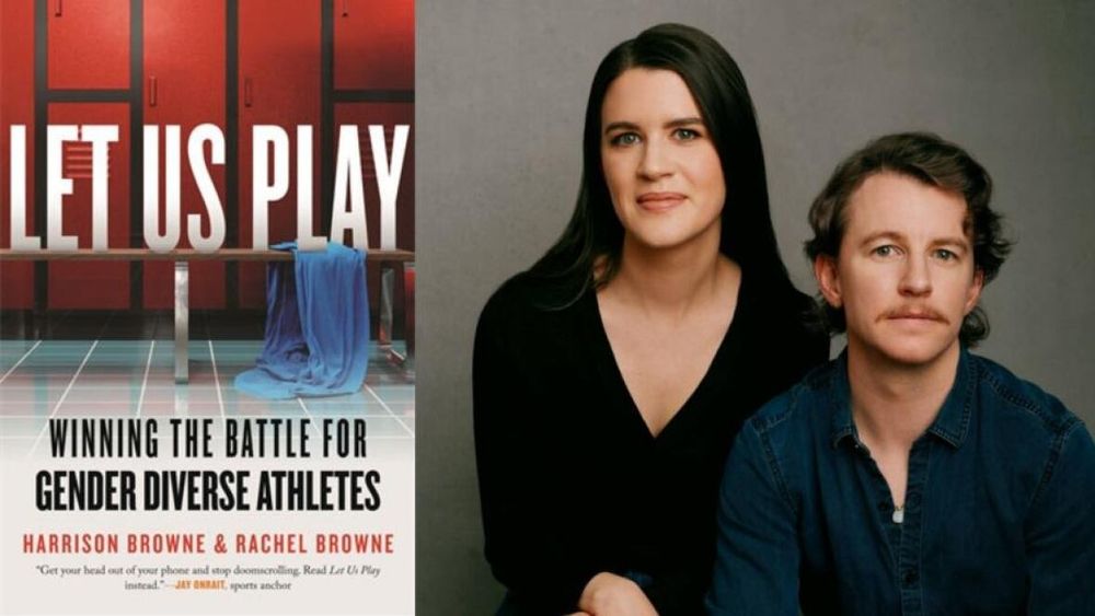 A cover of "Let us Play: Winning the Battle for Gender Diverse Athletes" that features a bank of red lockers with a bench in front. A blue towel is draped over the bench. Next to the cover is a picture of Rachel and Harrison together. 