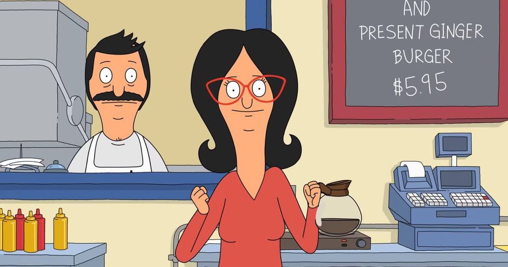 Linda Belcher is behind the restaurant counter appearing to dance. Behind her, in the restaurant's kitchen, is her husband Bob, looking at her somewhat dubiously. 