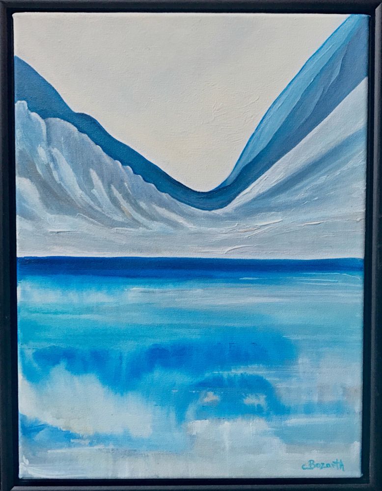 Abstract acrylic landscape with blue mountains, behind an icy blue lake
