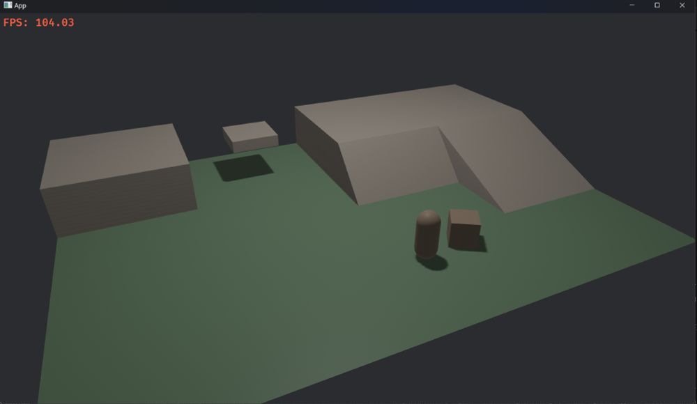 A boxy green-and-brown level with ramps. There's a crate to push around and a capsule for the player character.