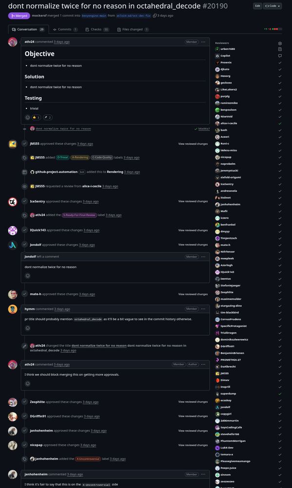 A screenshot of the "don't normalize twice for no reason" PR showing an absurdly long list of approvals.