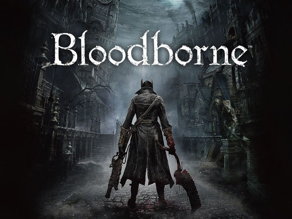 Bloodborne key art. A foggy victorian city scene with a menacing blood-drenched hunter standing in the middle or a road, facing a away.