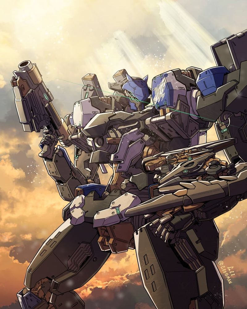 hand drawn anime-style image of Rusty's mech from Armored Core 6 - Steel Haze Ortus.