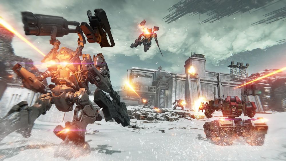 Image from an early mission in the mech game Armored Core 6, featuring three mechs working to assault a dam complex.
