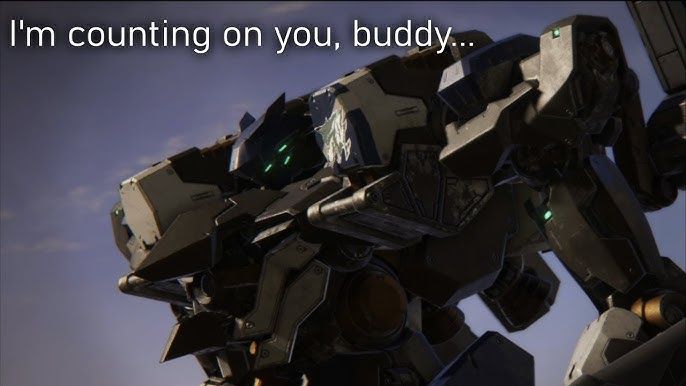 Image of fan-favourite NPC from Armored Core 6: Rusty. Captioned with: "I'm counting on you, buddy"
