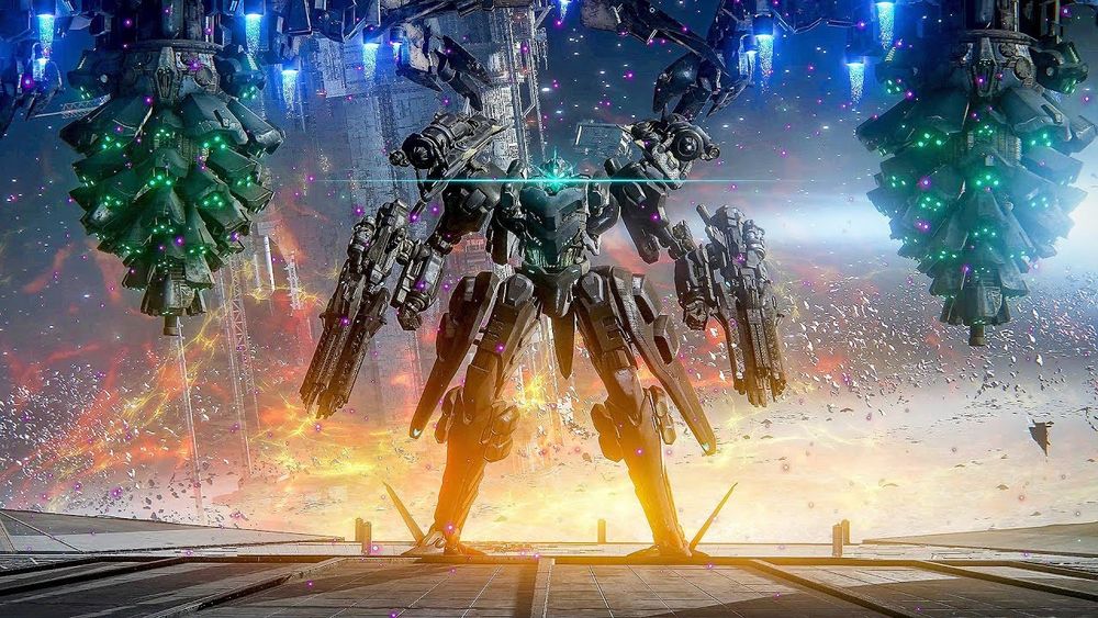 Screenshot from the NG++ ending of Armored Core 6, it shows two flying mechs and one large armored core ready to face off against the protagonist.