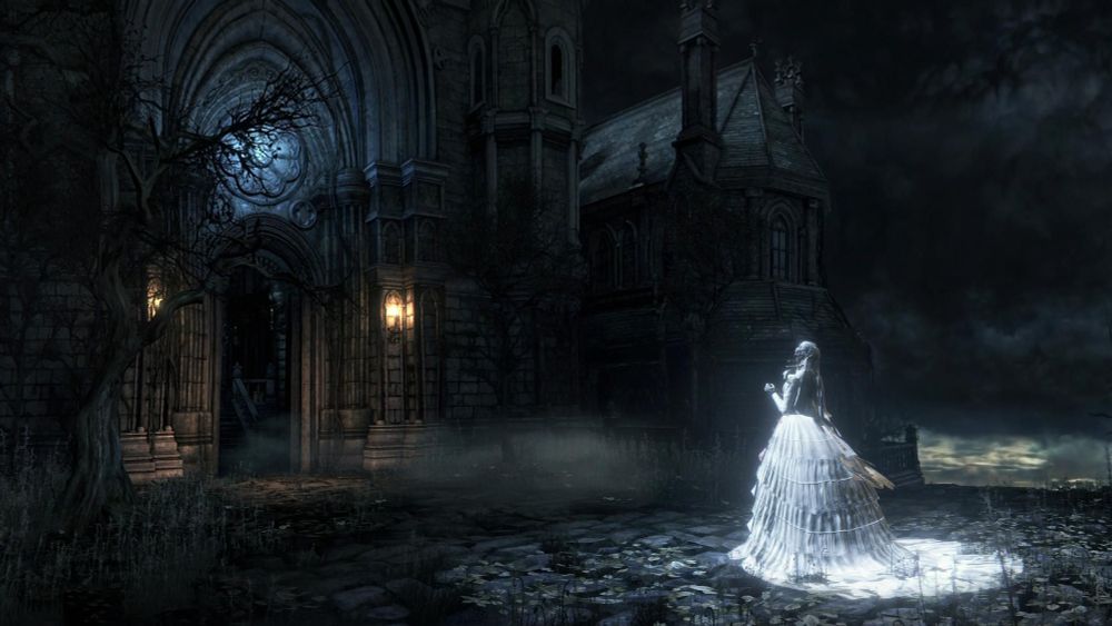 A screenshot from Bloodborne, showing a crying regal woman praying in the moonlight, and wearing a white but bloodstained wedding dress.