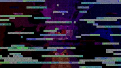 A glitchy and scanline filled scene of a park bench at night with a one-eyed alien sitting on it.