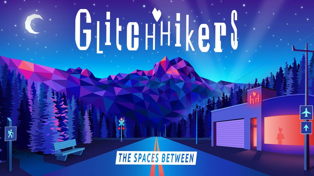 This image is the Glitchhikers key art. It features a road in 1-point-perspective, fading off into distant and abstratctly tessellated mountains.To the right is a mysterious but inviting convenience store, with the shop's Clerk silhouetted in the window.