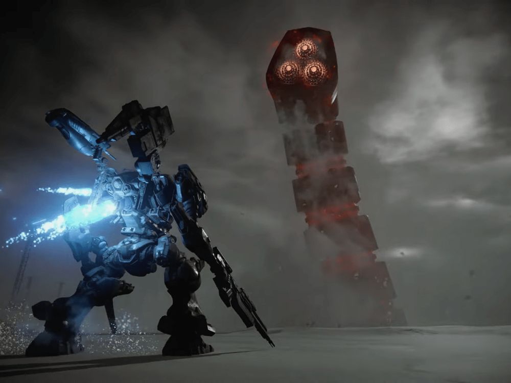 A screenshot from the mech game Armored Core 6. The moment when Raven faces off against the gigantic Ice Worm.
