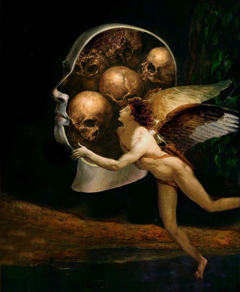 A winged angel carries half of a large head filled with smaller skulls