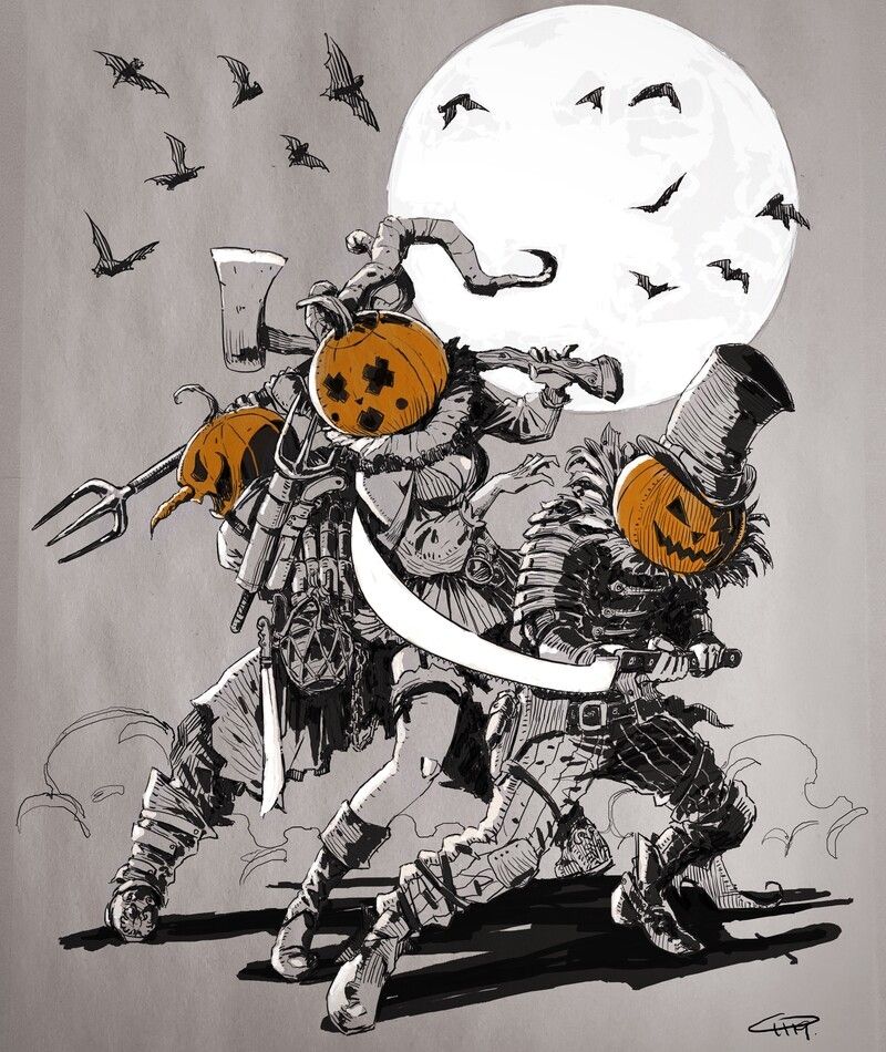Steampunk jack-o'-lanterns with weapons