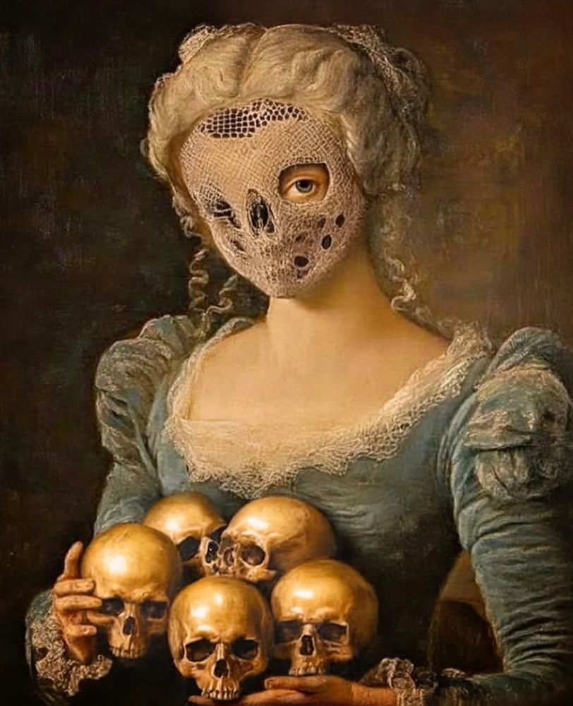 Female skully in laced mask with five skulls in hand