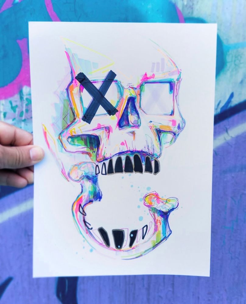 Skull with X over right eye