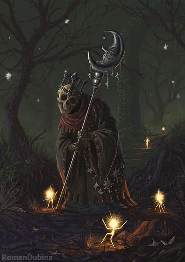 Skully with crescent Moon staff watches his little star friends prancing around