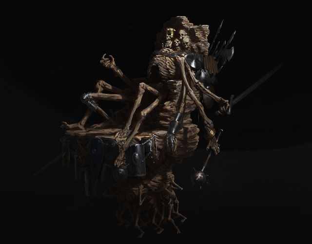 The Bone Lord, the forefathers of the prince stacked upon a throne of melded bone and stone. A great conqueror in life, the crown he bore had been the stacked and half melted down crowns from conquered kingdoms.