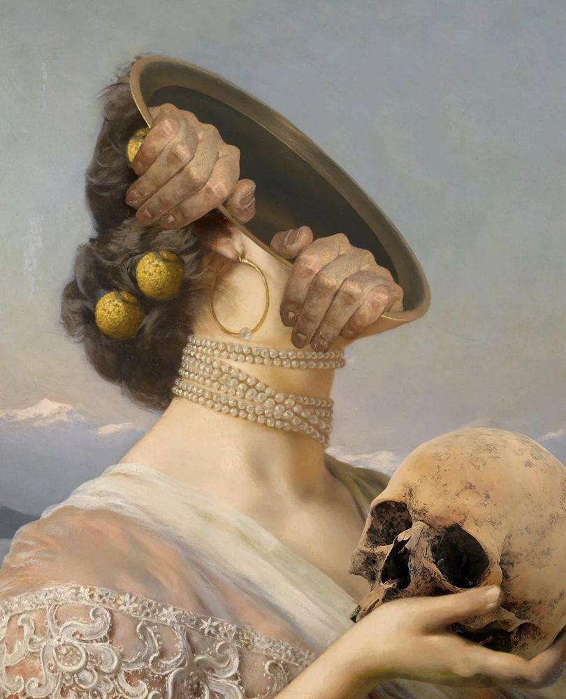 Woman with pearl necklace cradles a skull in hand. Two hands grip framed edges of where most of her head went missing, trying to escape.
