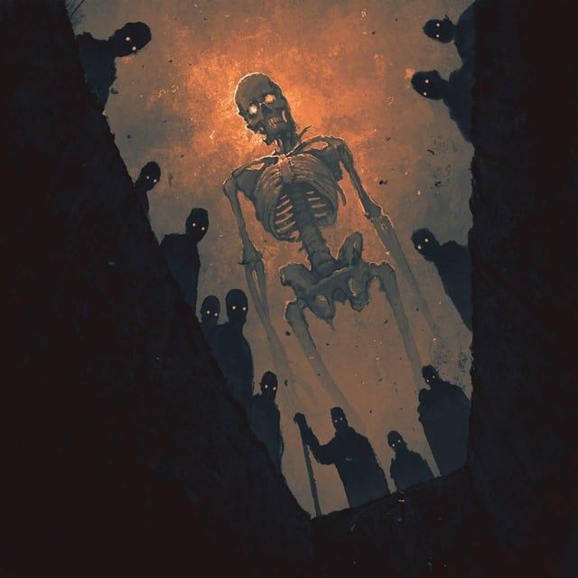 Perspective of the deceased looking upward from a grave, several black silhouette onlookers and one giant skeleton gaze down