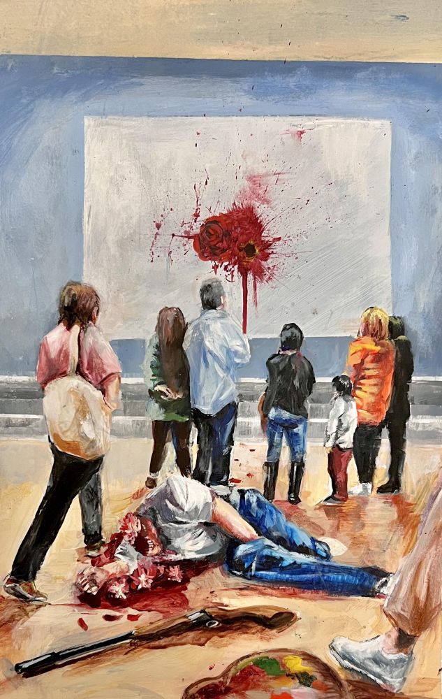 Artist lying on the floor of a gallery, having shot himself to leave a blood stain on the wall canvas in the background 