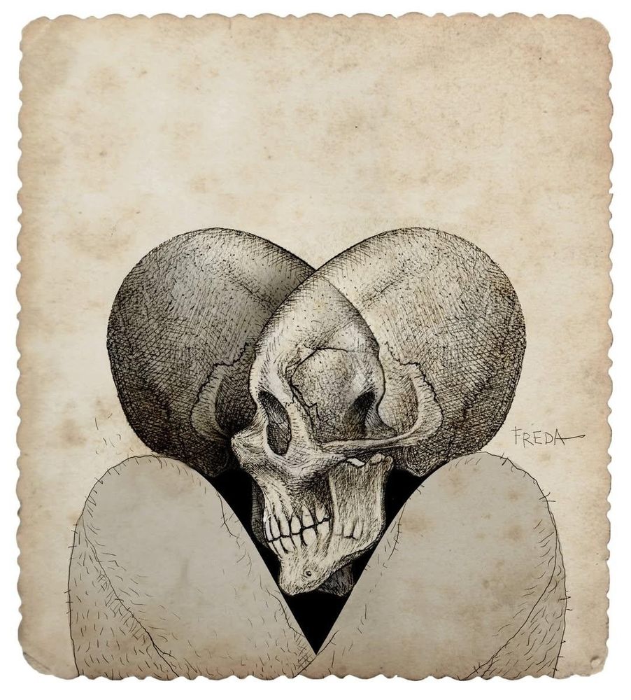 Two elongated skulls form a heart in an intimate embrace 
