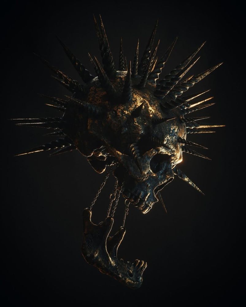Spiked skull with elongated jaw, gilded 