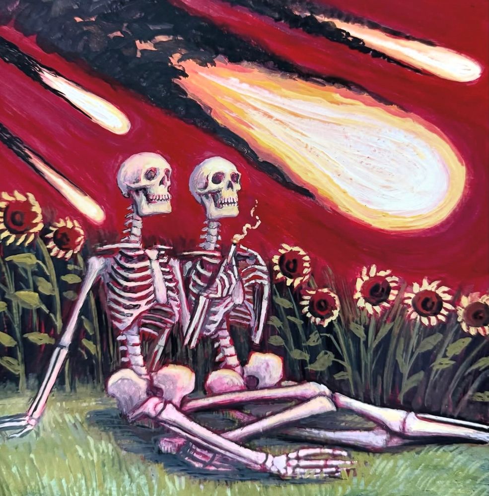 Two skullies share a cig in a sunflower field while meteors shower overhead