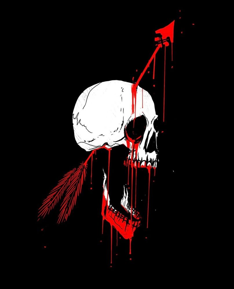 Skull shot through the head with an arrow, blood drips