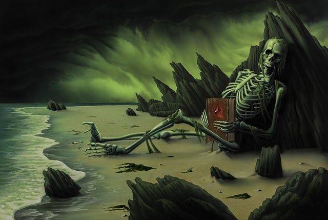 Giant skully on the ocean shore holding a book