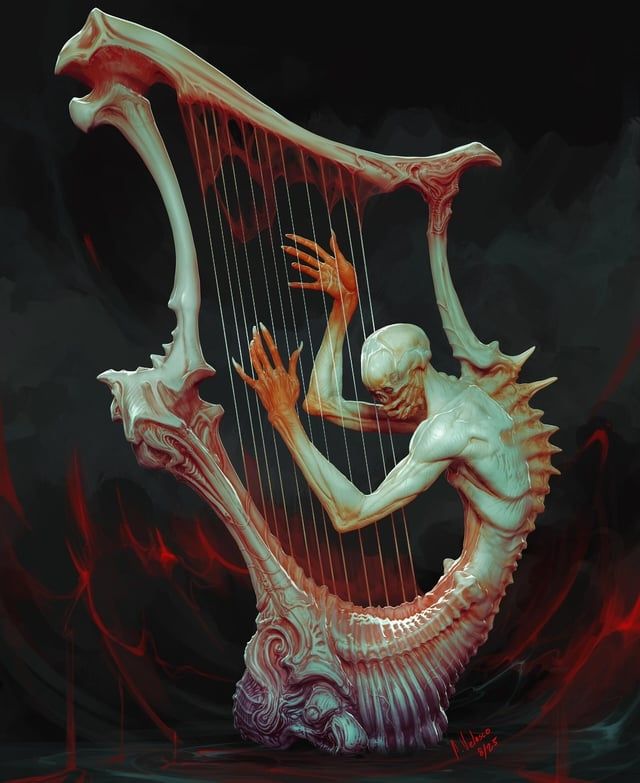 Harpist skully whose bones actually form the instrument he's strumming